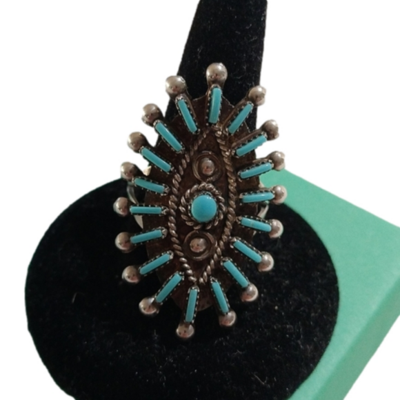 Sterling Silver Zuni Philander Gia Turquoise Petit Point Ring , Size 8.25 - Picture 1 of 9